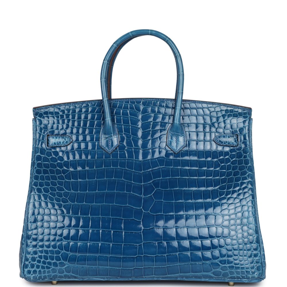 Pre-owned Hermes Birkin 35 Bleu Mykonos Shiny Porosus Crocodile Gold Hardware - Image 4