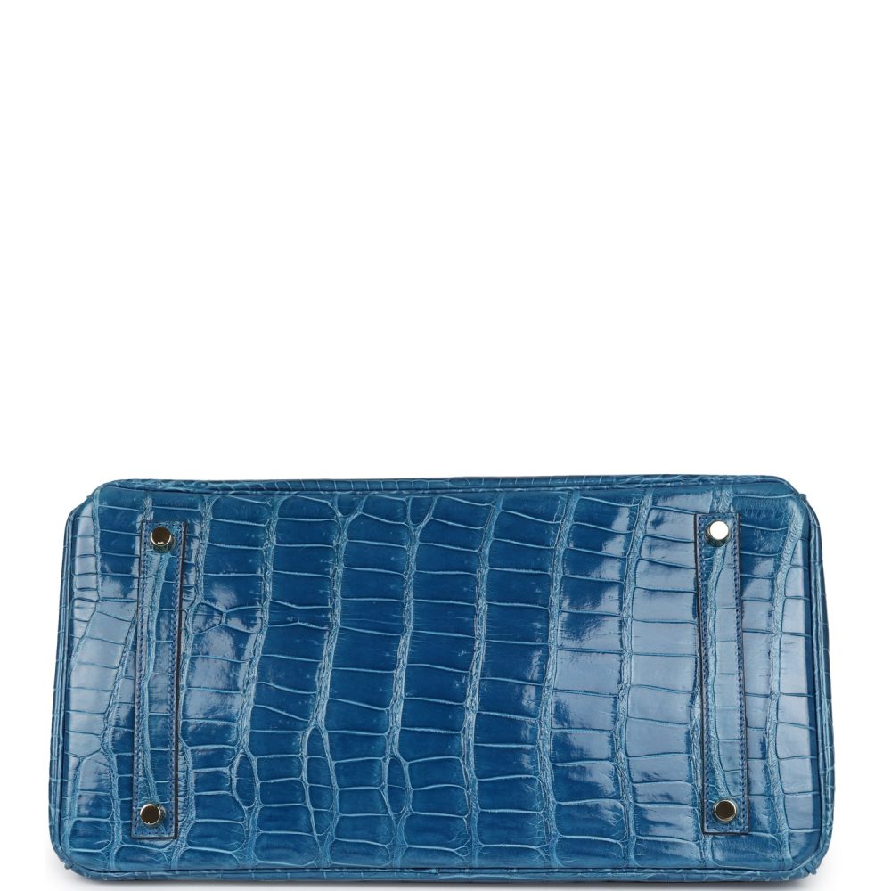Pre-owned Hermes Birkin 35 Bleu Mykonos Shiny Porosus Crocodile Gold Hardware - Image 6