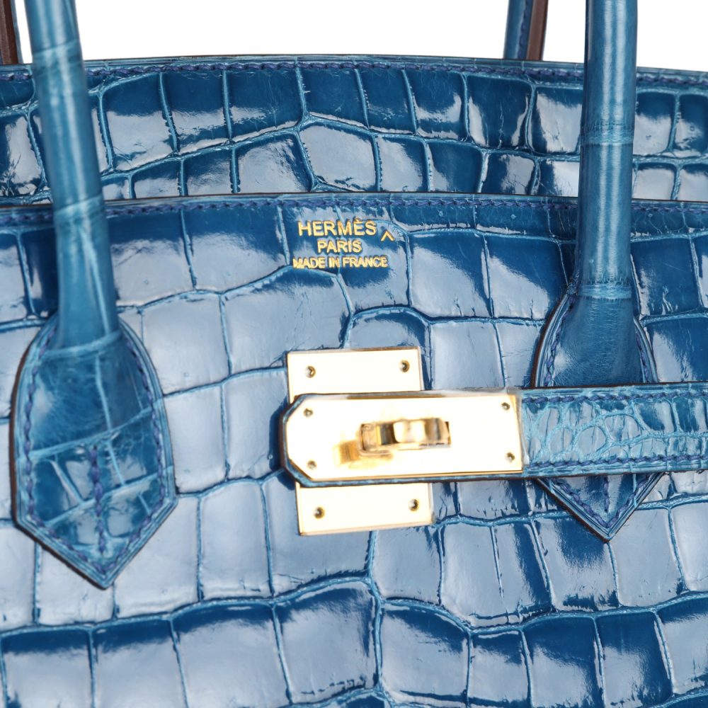Pre-owned Hermes Birkin 35 Bleu Mykonos Shiny Porosus Crocodile Gold Hardware - Image 7