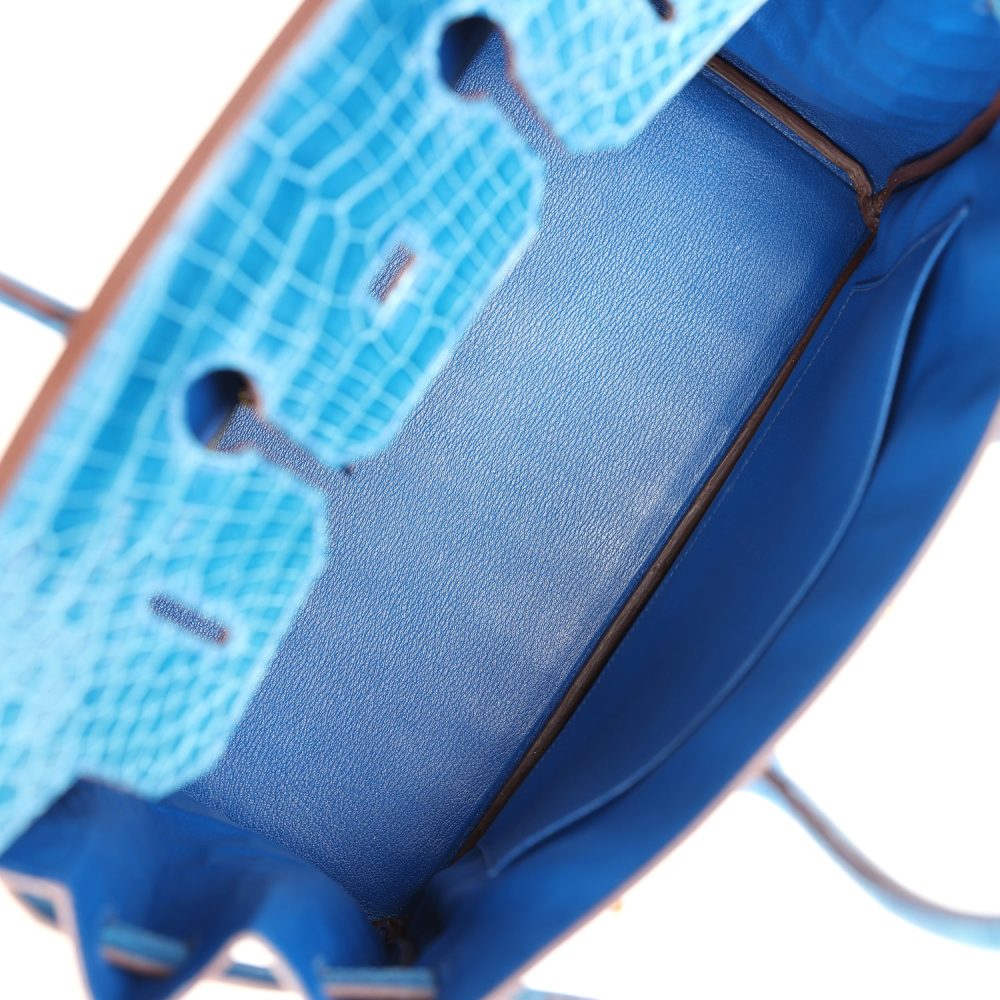 Pre-owned Hermes Birkin 35 Bleu Mykonos Shiny Porosus Crocodile Gold Hardware - Image 8