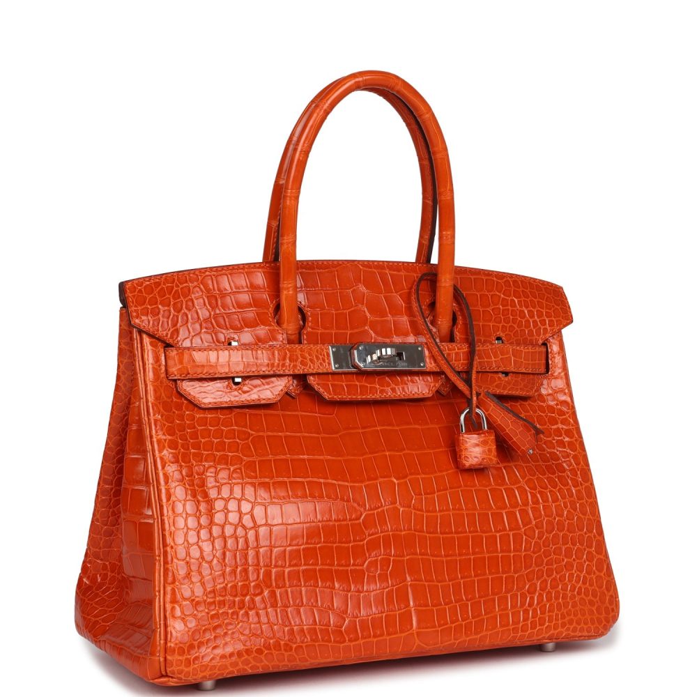 Pre-owned Hermes Birkin 30 Orange Shiny Porosus Crocodile Palladium Hardware - Image 2