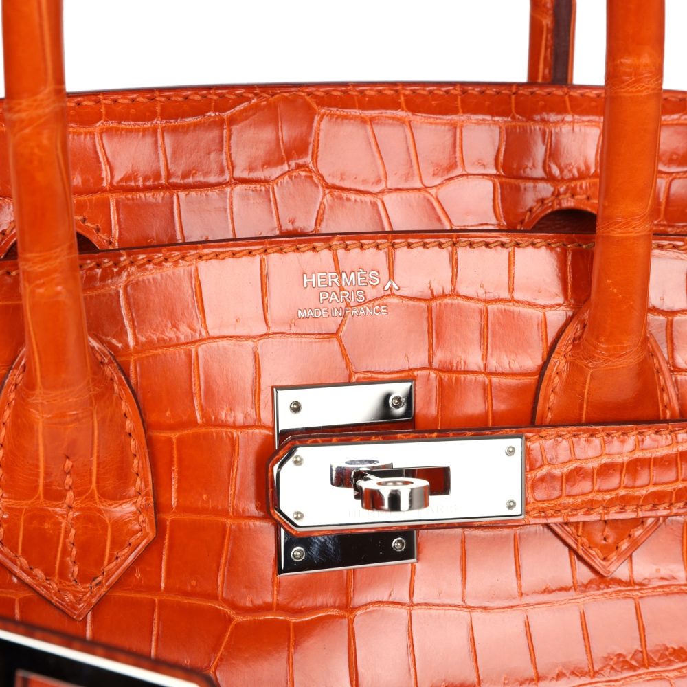 Pre-owned Hermes Birkin 30 Orange Shiny Porosus Crocodile Palladium Hardware - Image 7