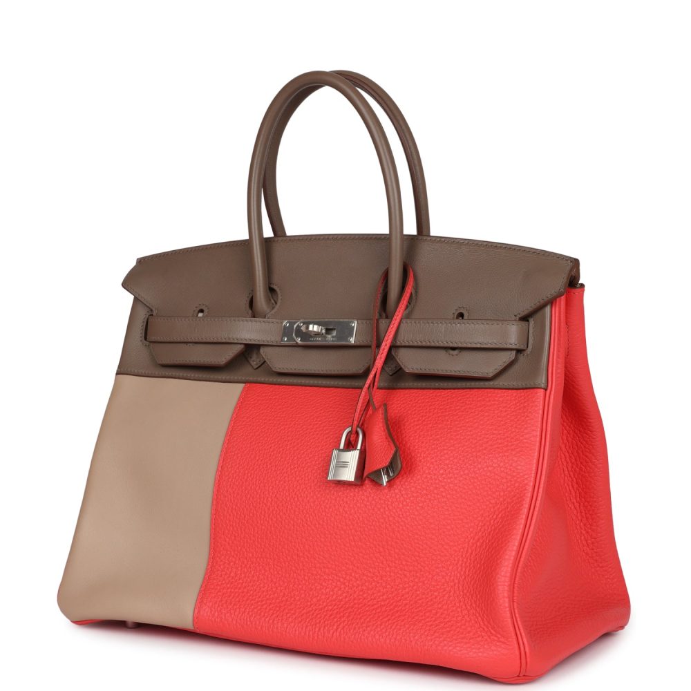 Pre-owned Hermes Birkin 30 Cascade Rose Jaipur, Etoupe and Argile Swift and Clemence Brushed Palladium Hardware - Image 5