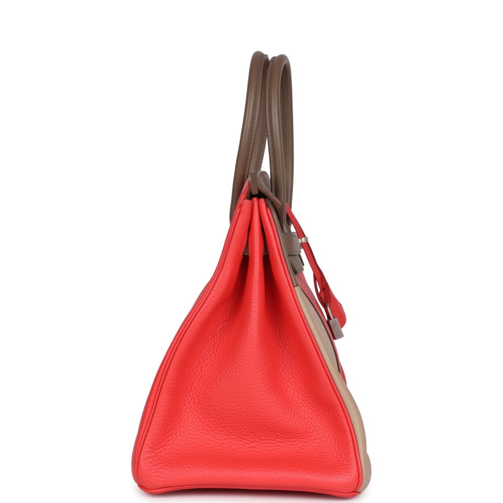 Pre-owned Hermes Birkin 30 Cascade Rose Jaipur, Etoupe and Argile Swift and Clemence Brushed Palladium Hardware - Image 3