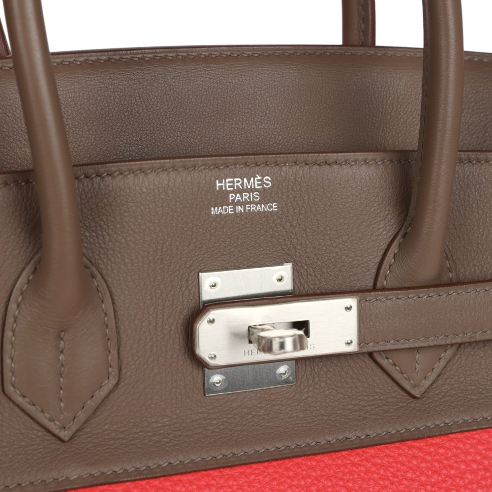 Pre-owned Hermes Birkin 30 Cascade Rose Jaipur, Etoupe and Argile Swift and Clemence Brushed Palladium Hardware - Image 7