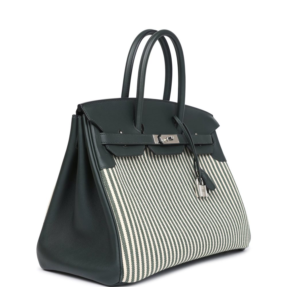 Pre-owned Hermes Birkin 35 Toile Riga and Vert Anglais Swift Palladium Hardware - Image 2