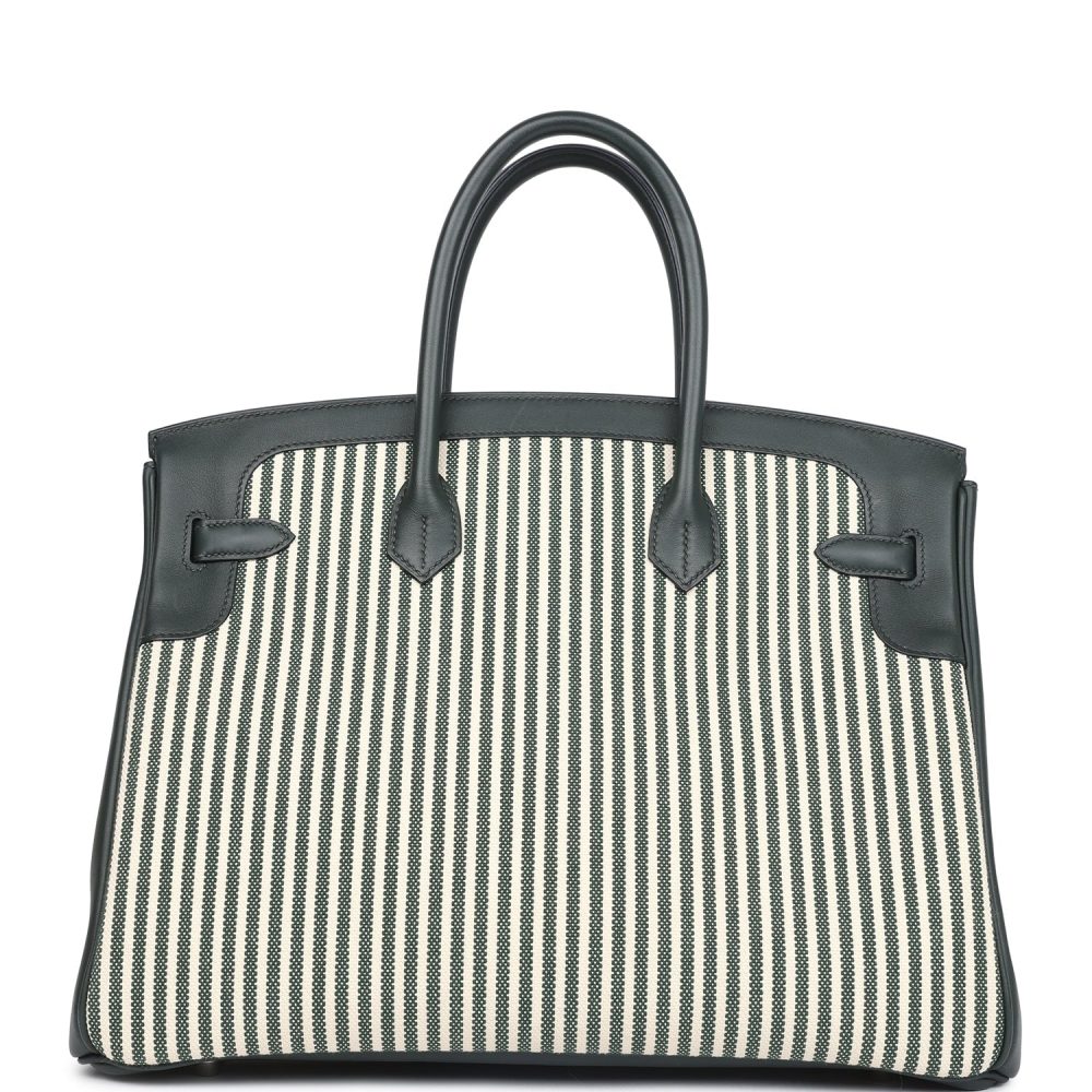 Pre-owned Hermes Birkin 35 Toile Riga and Vert Anglais Swift Palladium Hardware - Image 4