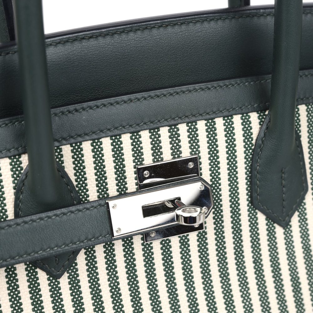 Pre-owned Hermes Birkin 35 Toile Riga and Vert Anglais Swift Palladium Hardware - Image 7