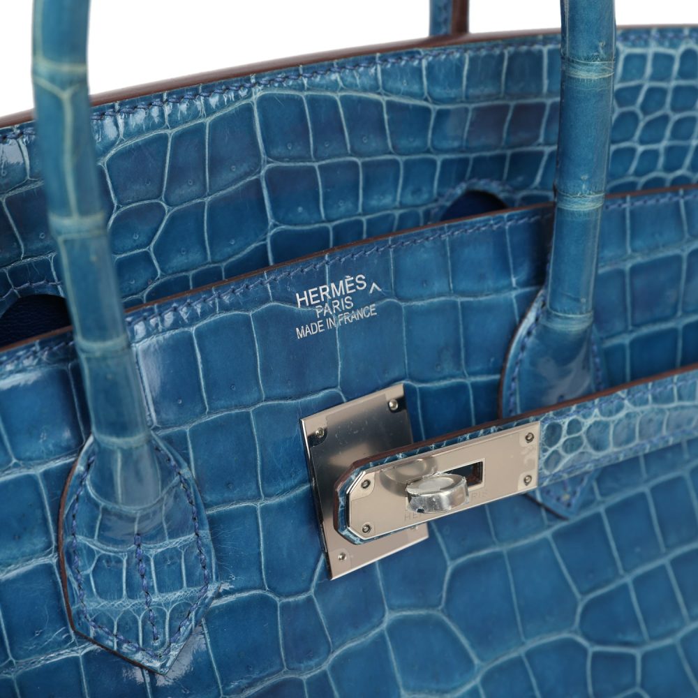 Pre-owned Hermes Birkin 35 Bleu Mykonos Shiny Porosus Crocodile Palladium Hardware - Image 8