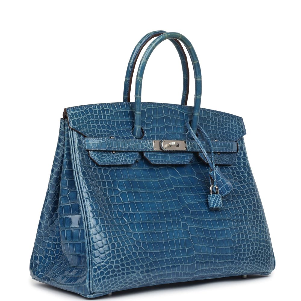 Pre-owned Hermes Birkin 35 Bleu Mykonos Shiny Porosus Crocodile Palladium Hardware - Image 2