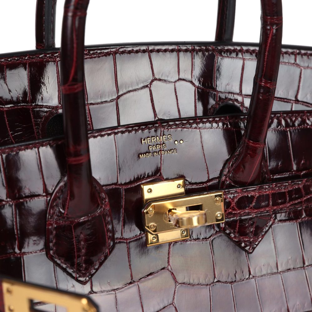 Hermes Birkin 25 Bordeaux Shiny Niloticus Crocodile Gold Hardware - Image 7
