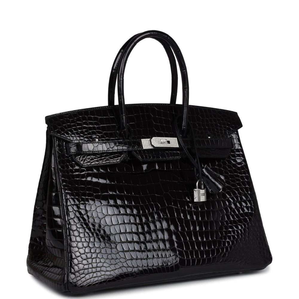 Pre-owned Hermes Birkin 35 Black Shiny Porosus Crocodile 18K White Gold Diamond Hardware - Image 2