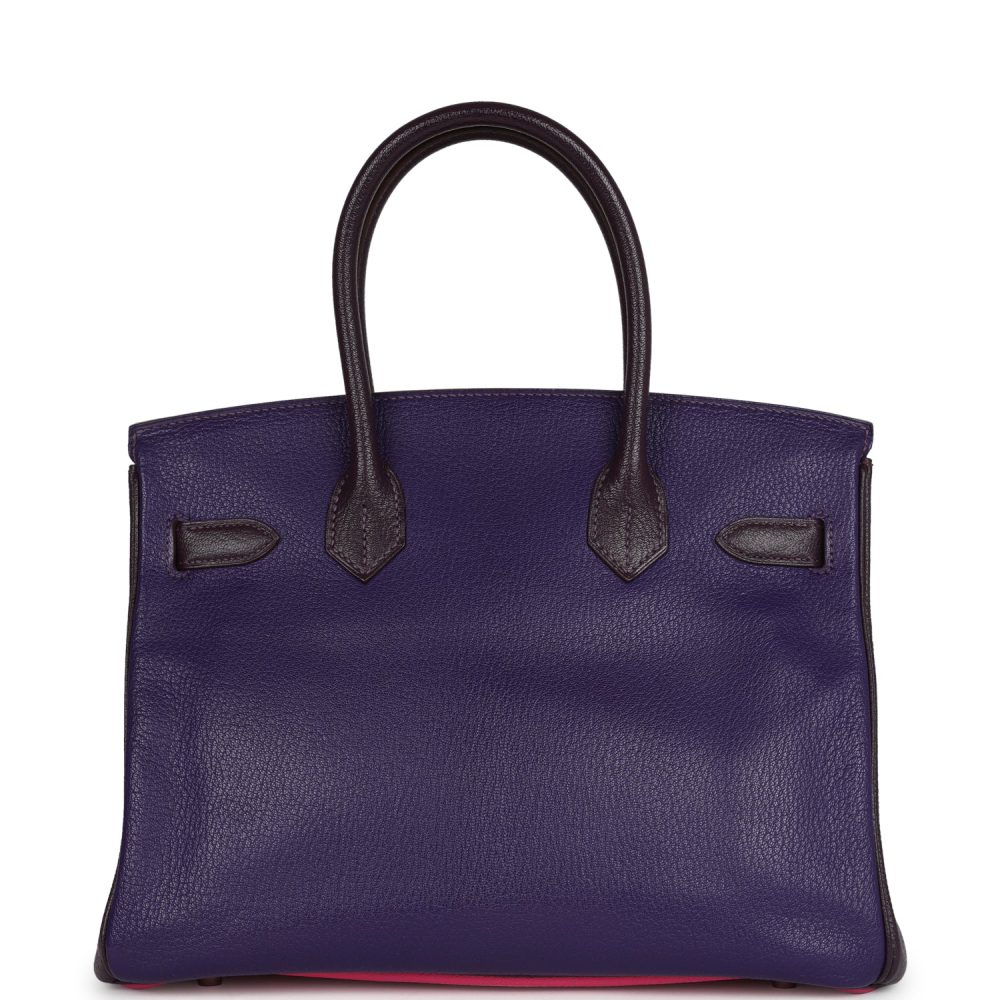 Pre-owned Hermes Special Order (HSS) Birkin 30 Tri-color Raisin, Ultraviolet and Rose Shocking Chevre Palladium Hardware - Image 4