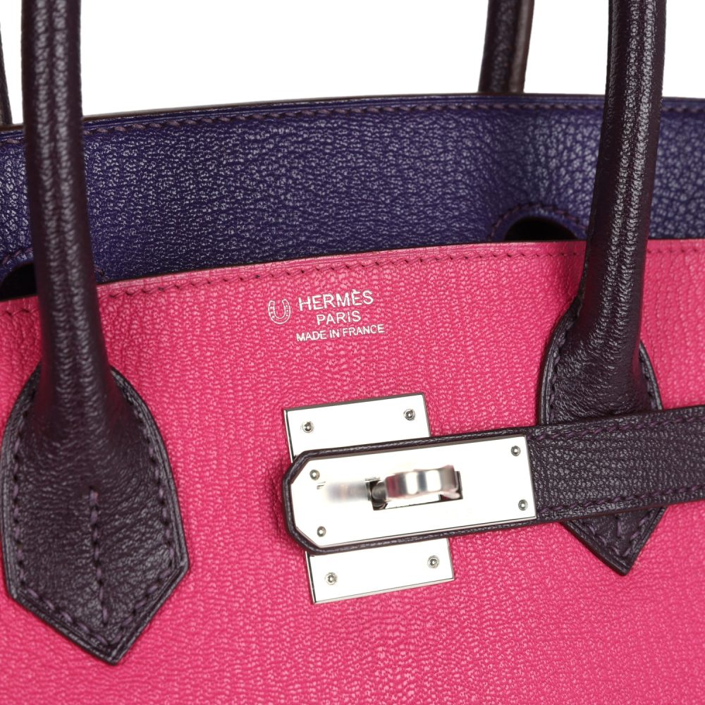 Pre-owned Hermes Special Order (HSS) Birkin 30 Tri-color Raisin, Ultraviolet and Rose Shocking Chevre Palladium Hardware - Image 7