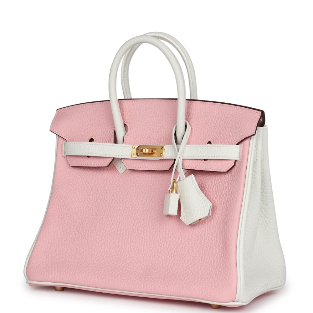 Hermes Special Order (HSS) Birkin 25 Rose Sakura and White Clemence Brushed Gold Hardware - Image 5
