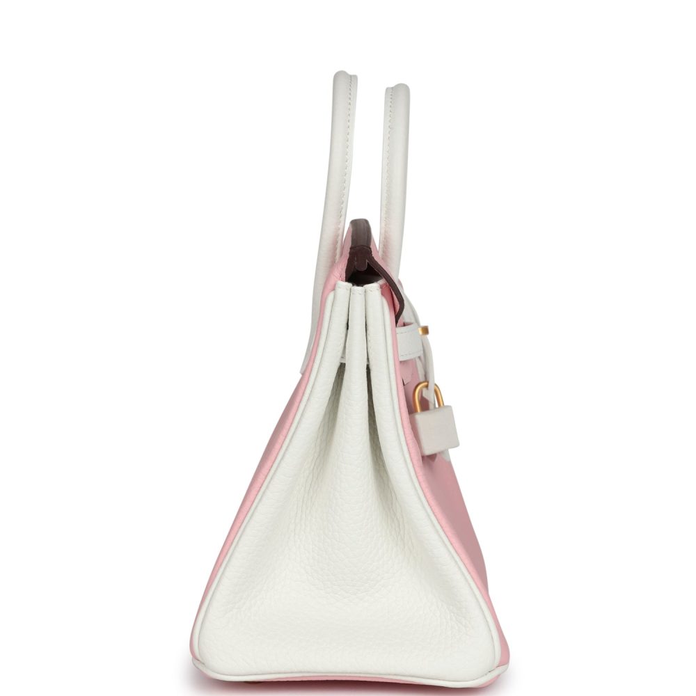 Hermes Special Order (HSS) Birkin 25 Rose Sakura and White Clemence Brushed Gold Hardware - Image 3