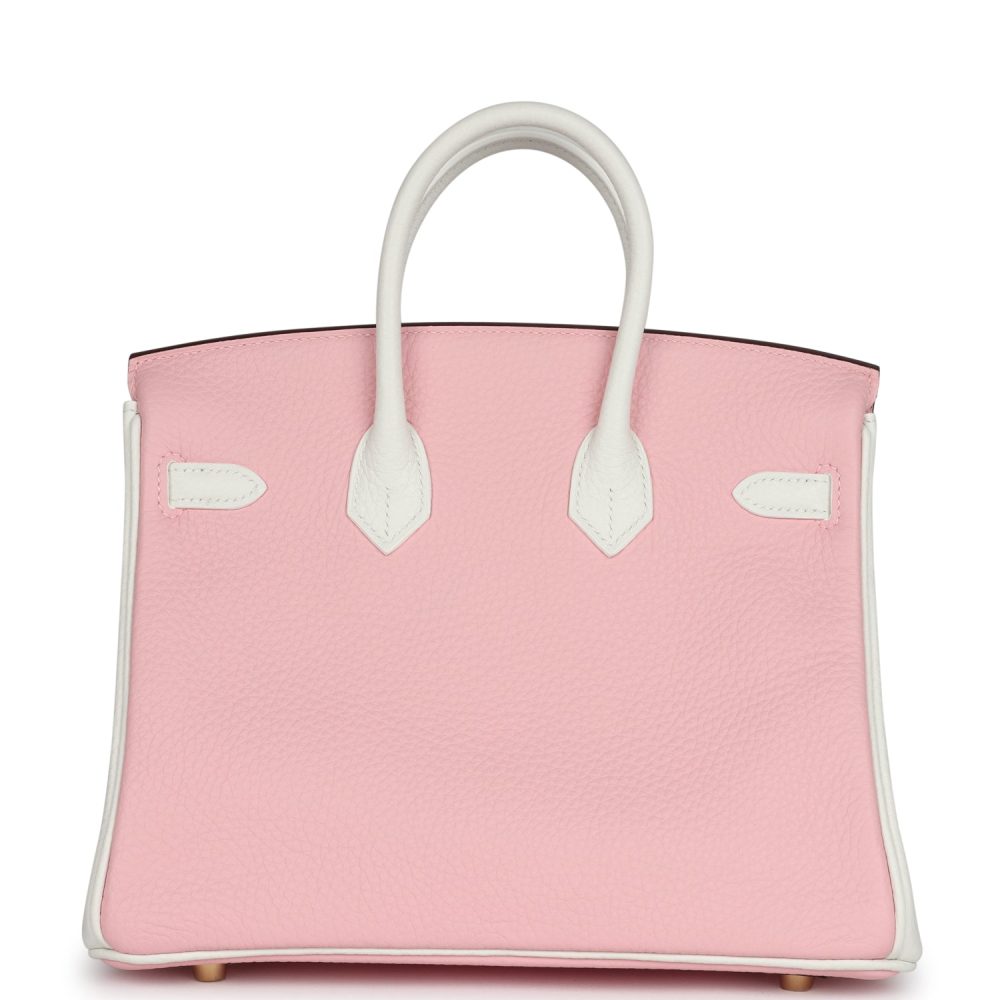 Hermes Special Order (HSS) Birkin 25 Rose Sakura and White Clemence Brushed Gold Hardware - Image 4