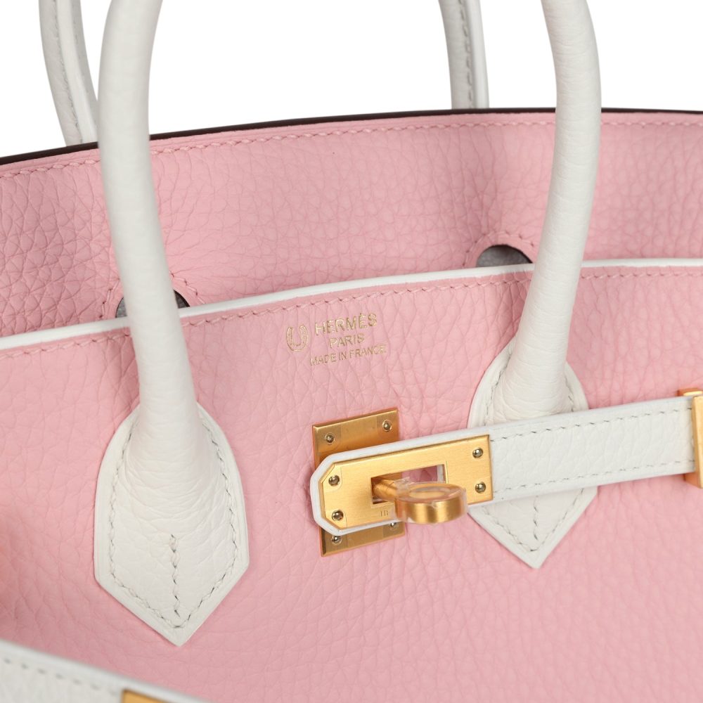 Hermes Special Order (HSS) Birkin 25 Rose Sakura and White Clemence Brushed Gold Hardware - Image 7