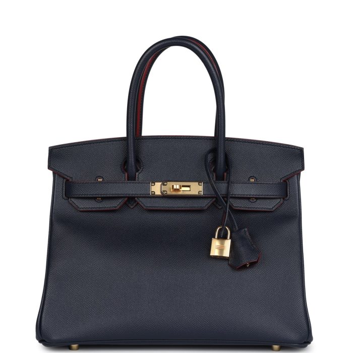 Hermes Birkin 30 Bleu Indigo and Rouge H Contour Epsom Gold Hardware