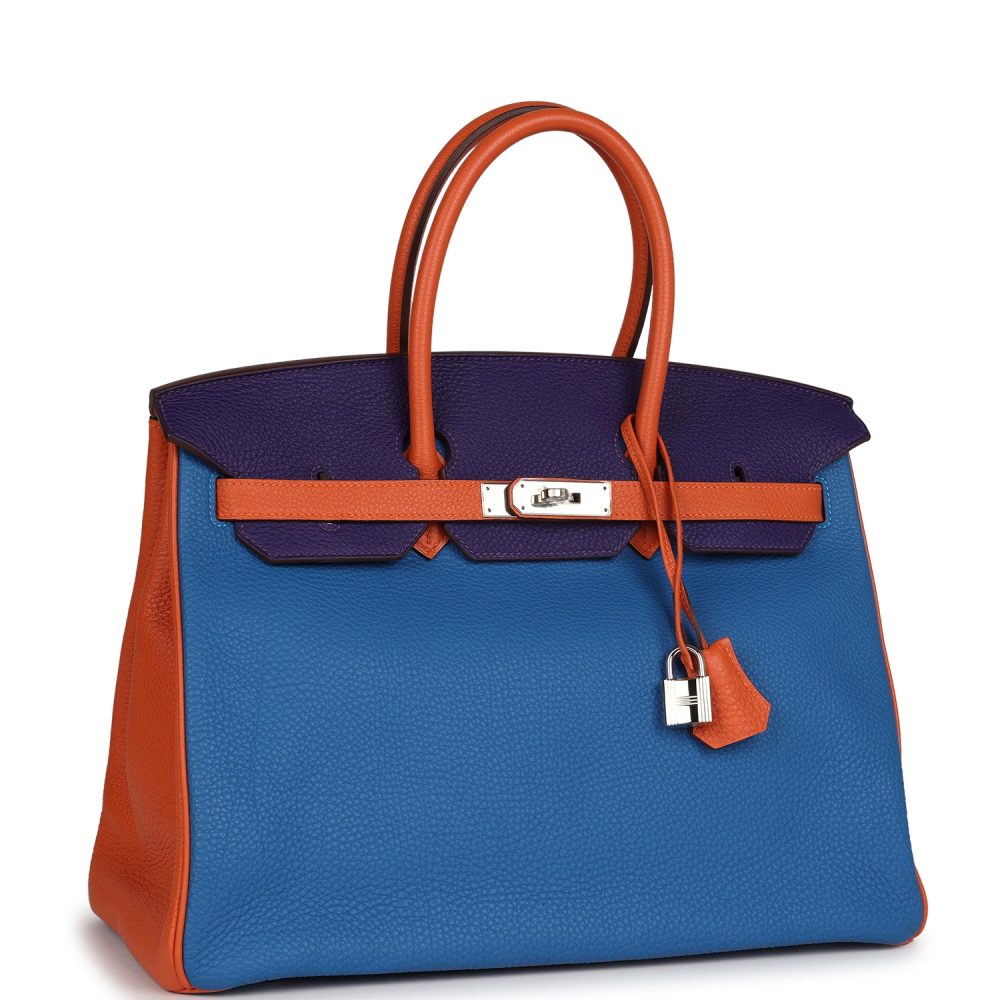 Pre-owned Hermes Special Order (HSS) Birkin 35 Tricolor Bleu Hydra, Ultraviolet and Orange Togo Palladium Hardware - Image 2