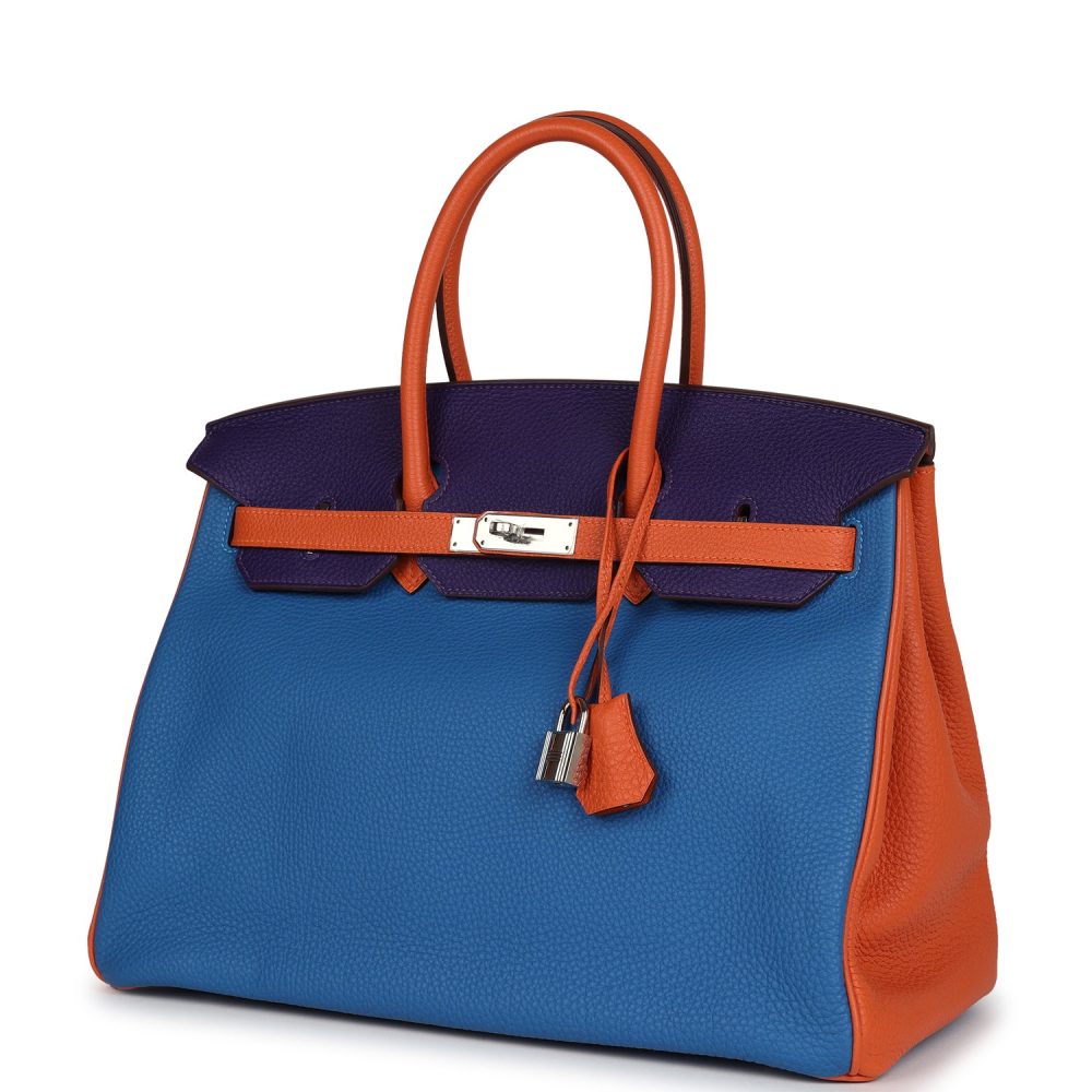 Pre-owned Hermes Special Order (HSS) Birkin 35 Tricolor Bleu Hydra, Ultraviolet and Orange Togo Palladium Hardware - Image 5