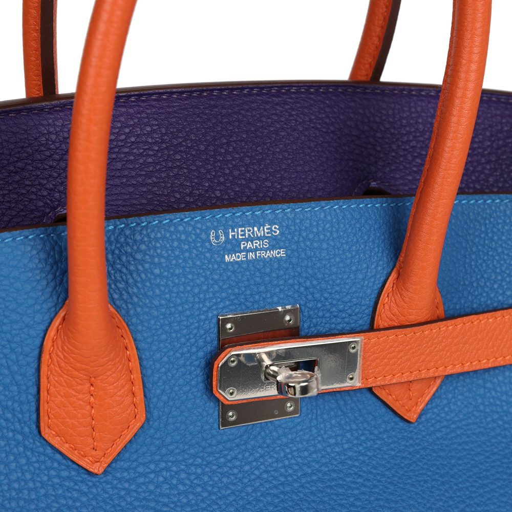 Pre-owned Hermes Special Order (HSS) Birkin 35 Tricolor Bleu Hydra, Ultraviolet and Orange Togo Palladium Hardware - Image 7