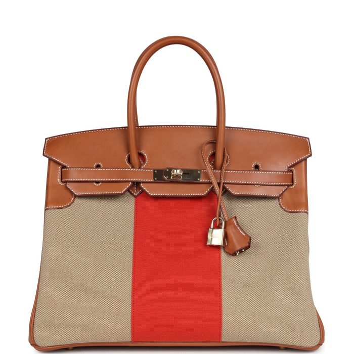 Hermes Birkin 35 Flag Ficelle and Paprika Toile H and Fauve Barenia Permabrass Hardware