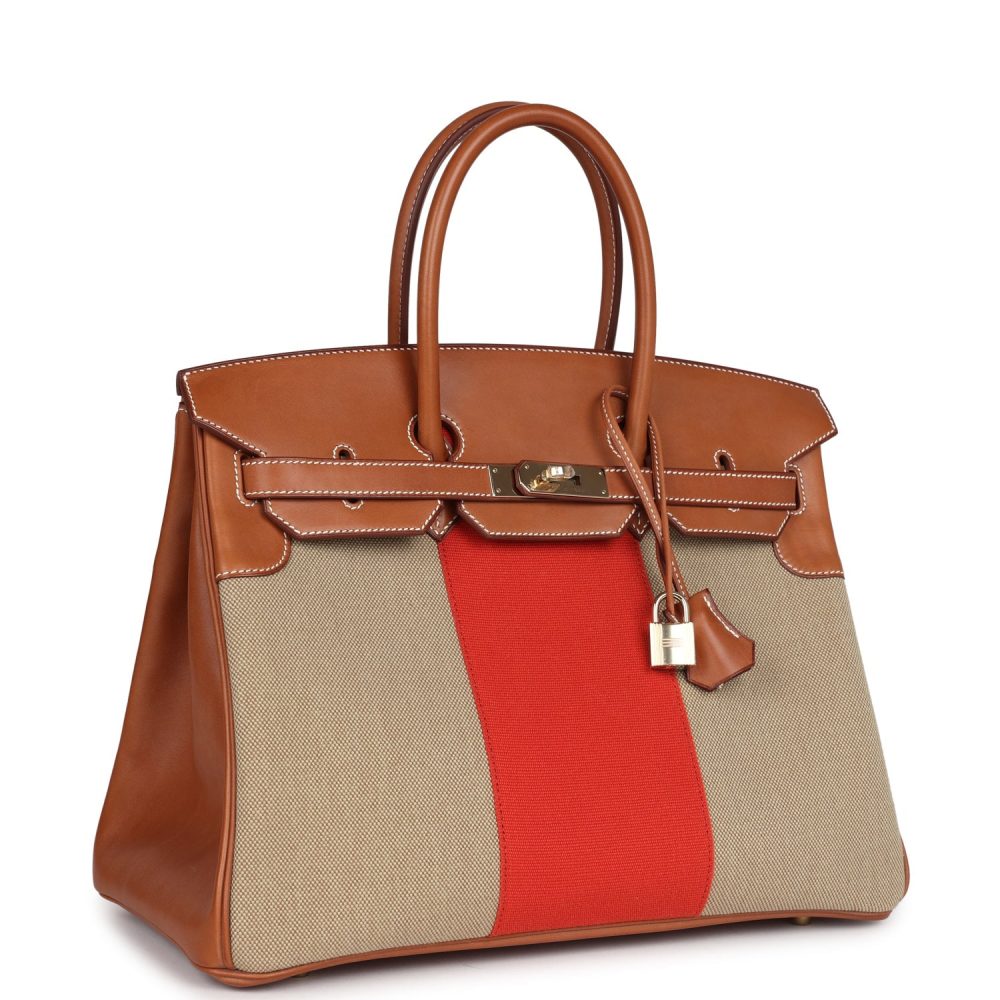 Hermes Birkin 35 Flag Ficelle and Paprika Toile H and Fauve Barenia Permabrass Hardware - Image 2