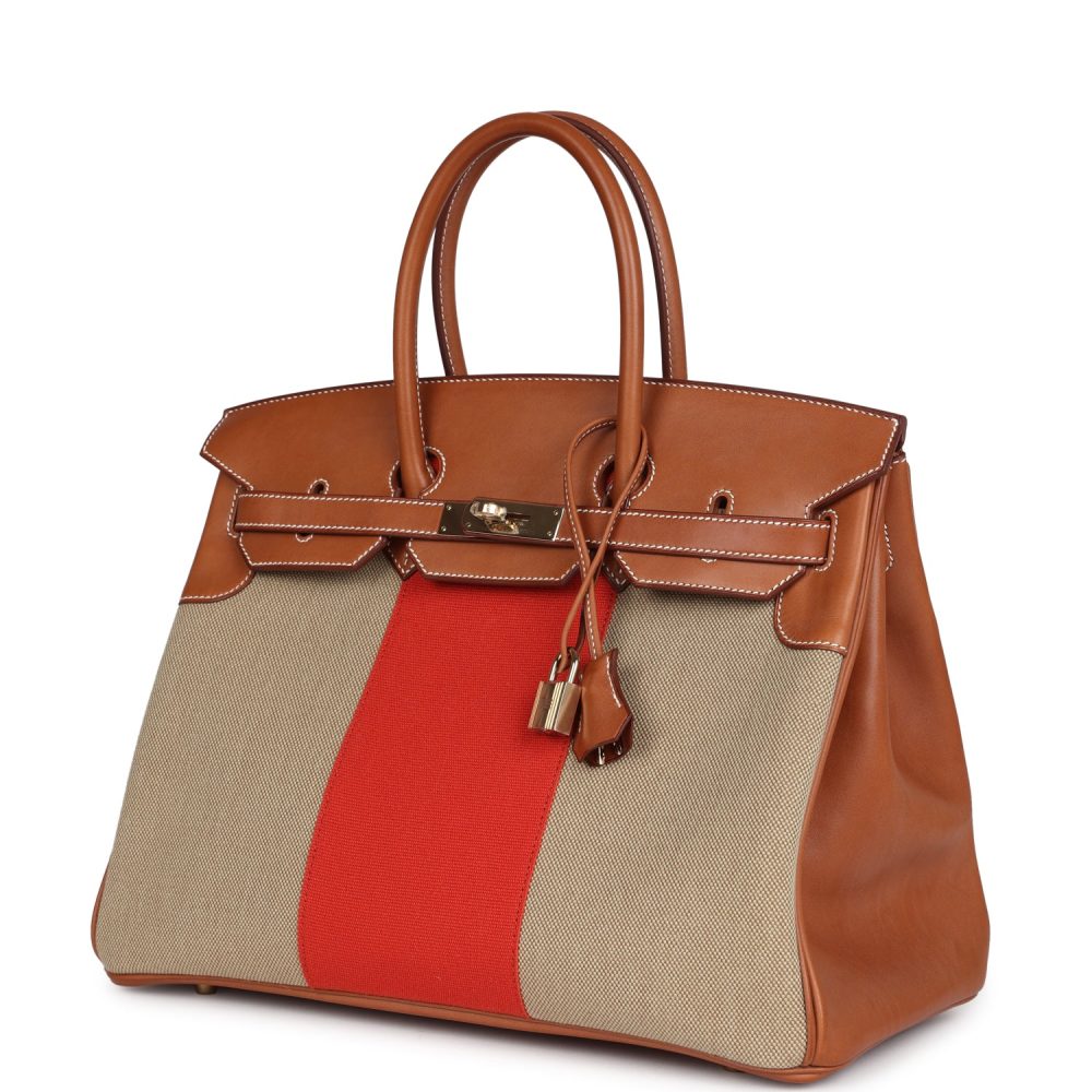 Hermes Birkin 35 Flag Ficelle and Paprika Toile H and Fauve Barenia Permabrass Hardware - Image 5