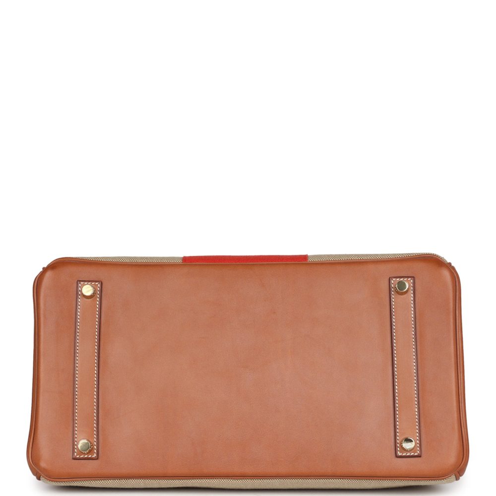 Hermes Birkin 35 Flag Ficelle and Paprika Toile H and Fauve Barenia Permabrass Hardware - Image 6