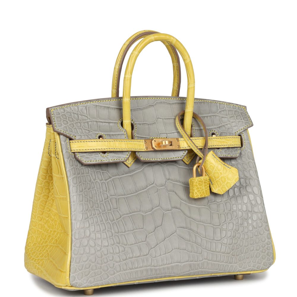 Hermes Special Order (HSS) Birkin 25 Gris Perle and Mimosa Matte Alligator Brushed Gold Hardware - Image 2