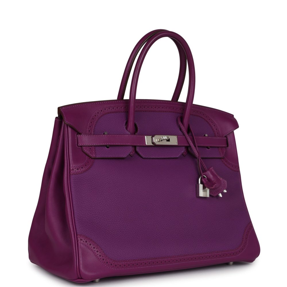 Pre-owned Hermes Birkin 35 Ghillies Anemone Togo and Swift Palladium Hardware - Image 2