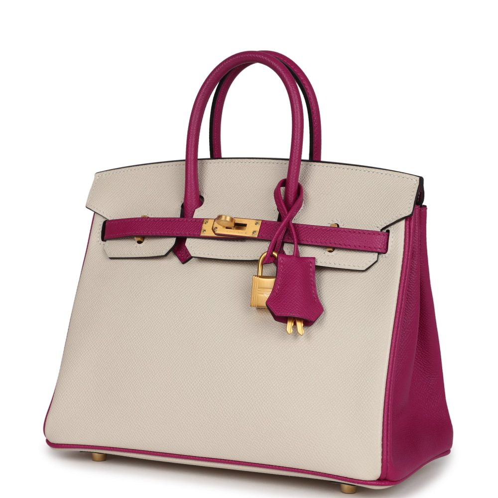 Hermes Special Order (HSS) Birkin 25 Craie and Rose Pourpre Epsom Brushed Gold Hardware - Image 5