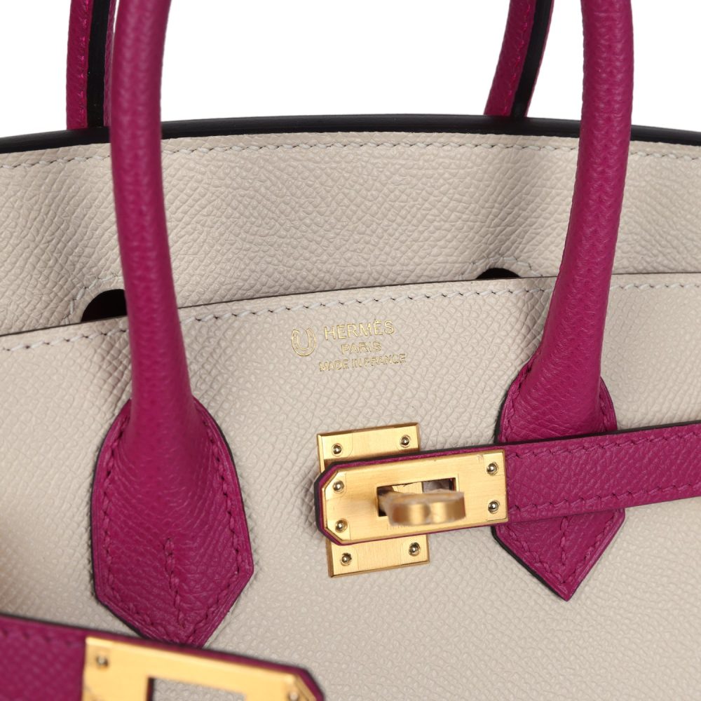 Hermes Special Order (HSS) Birkin 25 Craie and Rose Pourpre Epsom Brushed Gold Hardware - Image 7
