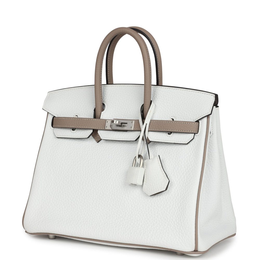 Hermes Special Order (HSS) Birkin 25 White and Etoupe Clemence Brushed Palladium Hardware - Image 5