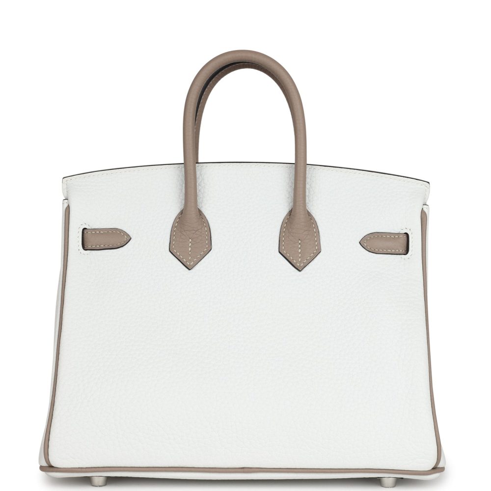 Hermes Special Order (HSS) Birkin 25 White and Etoupe Clemence Brushed Palladium Hardware - Image 4
