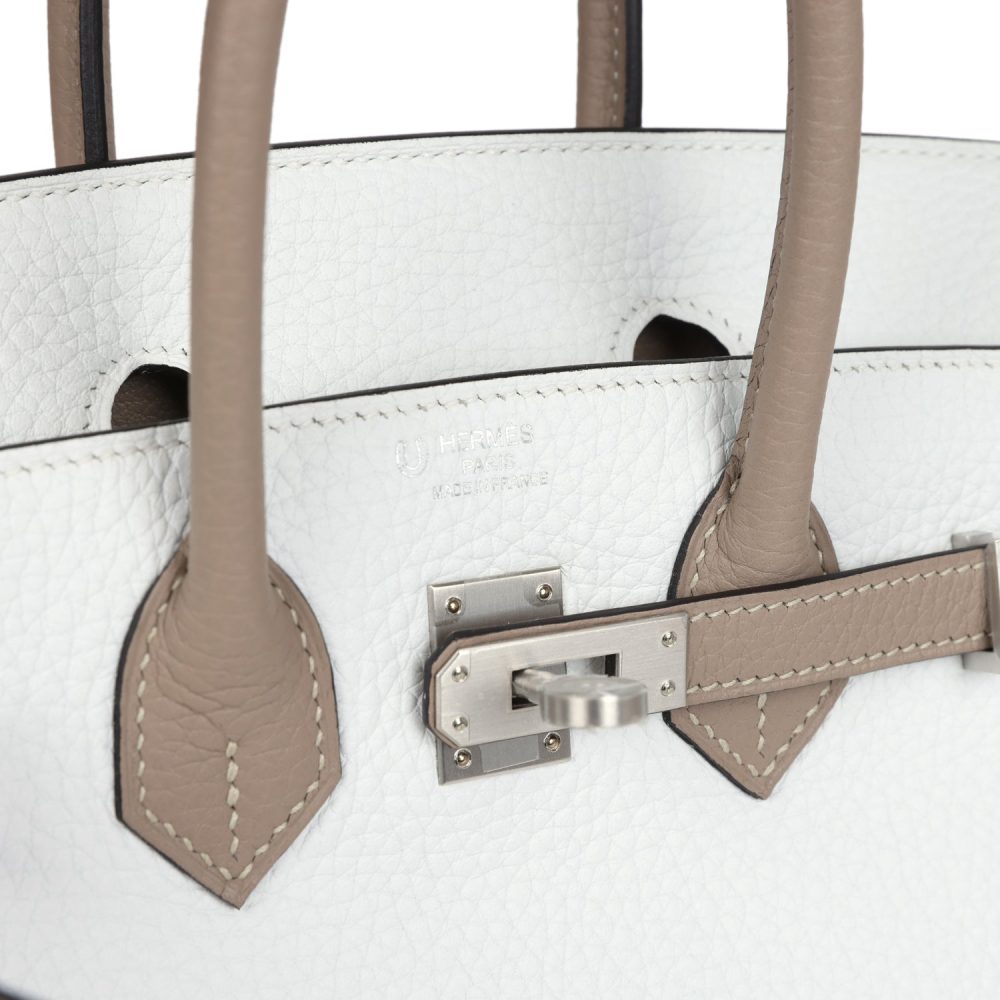 Hermes Special Order (HSS) Birkin 25 White and Etoupe Clemence Brushed Palladium Hardware - Image 7