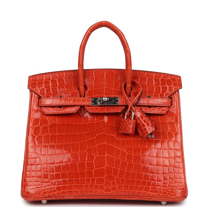 Pre-owned Hermes Birkin 25 Orange Poppy Shiny Niloticus Crocodile Palladium Hardware