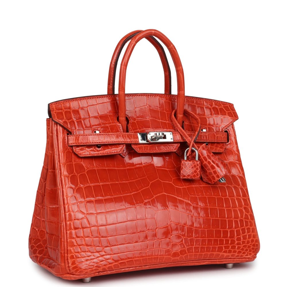 Pre-owned Hermes Birkin 25 Orange Poppy Shiny Niloticus Crocodile Palladium Hardware - Image 2