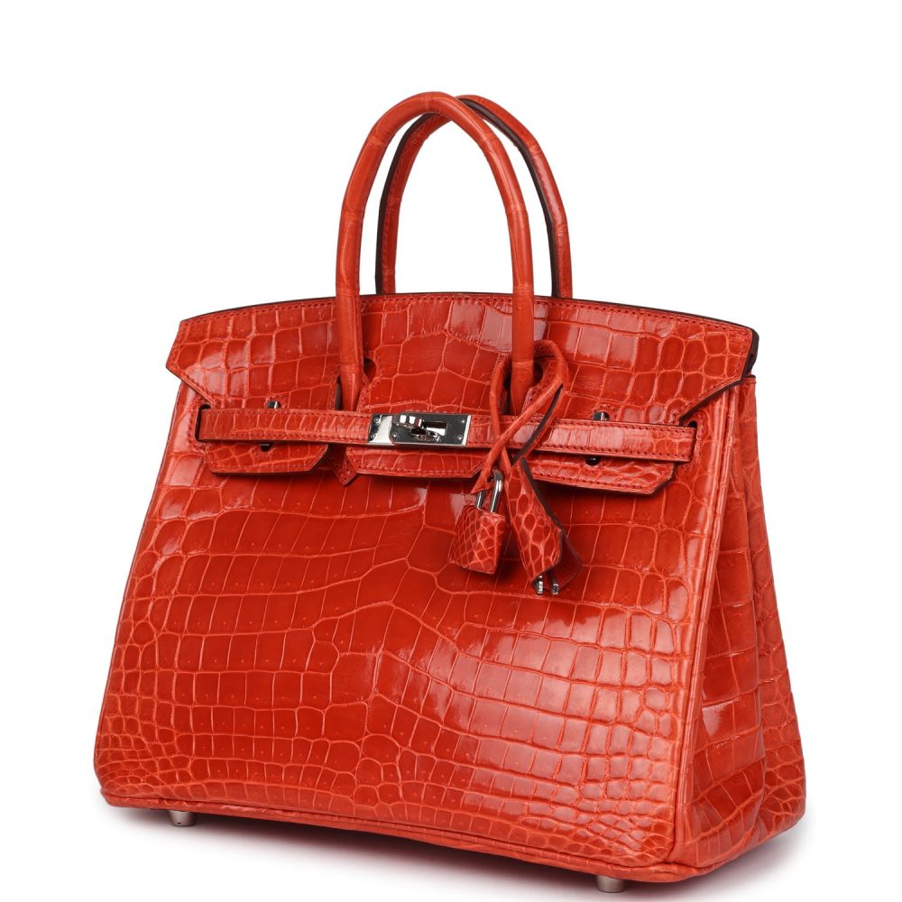 Pre-owned Hermes Birkin 25 Orange Poppy Shiny Niloticus Crocodile Palladium Hardware - Image 5