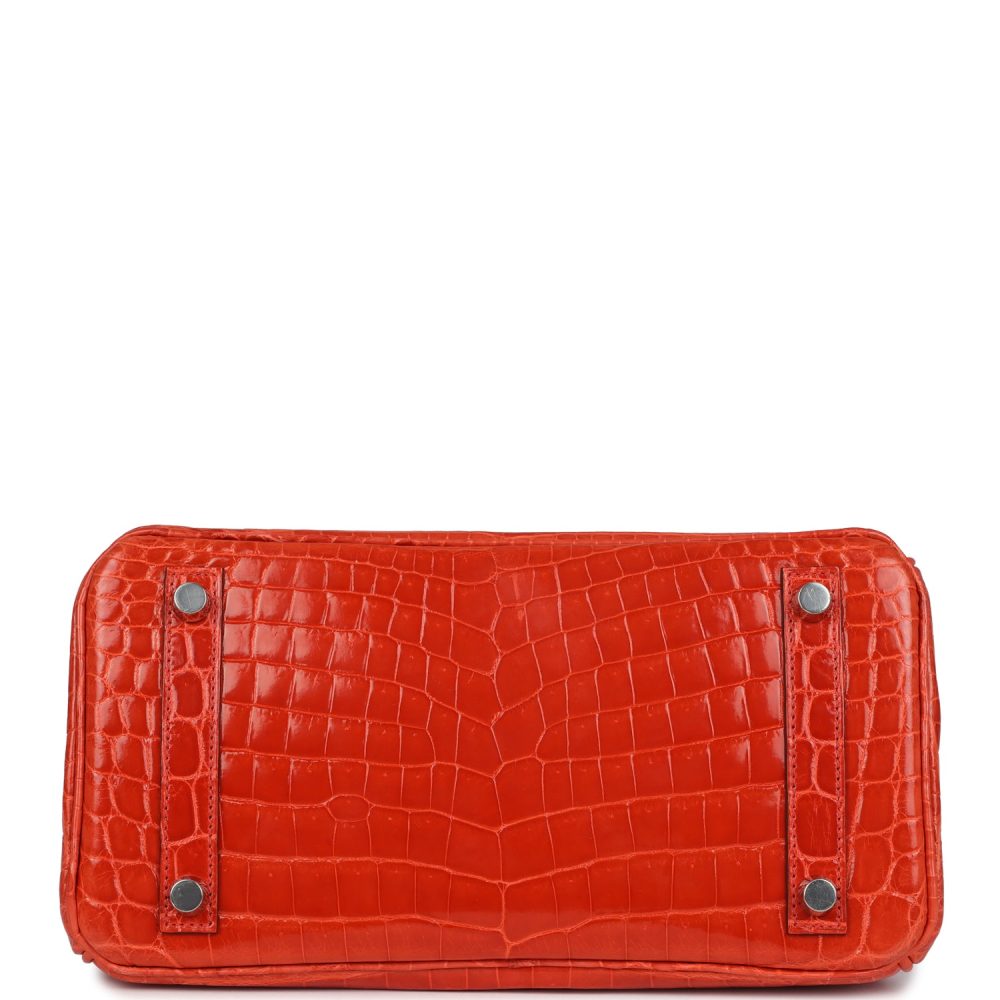 Pre-owned Hermes Birkin 25 Orange Poppy Shiny Niloticus Crocodile Palladium Hardware - Image 6