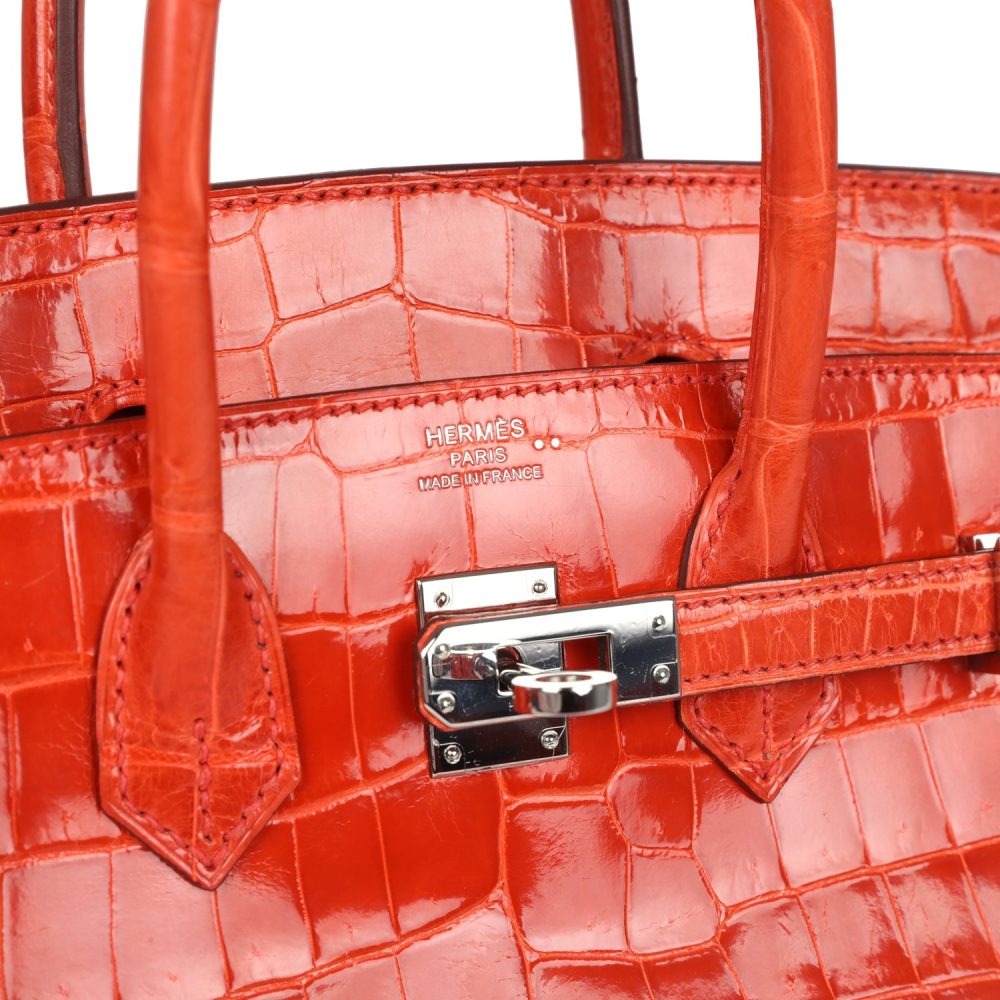 Pre-owned Hermes Birkin 25 Orange Poppy Shiny Niloticus Crocodile Palladium Hardware - Image 7