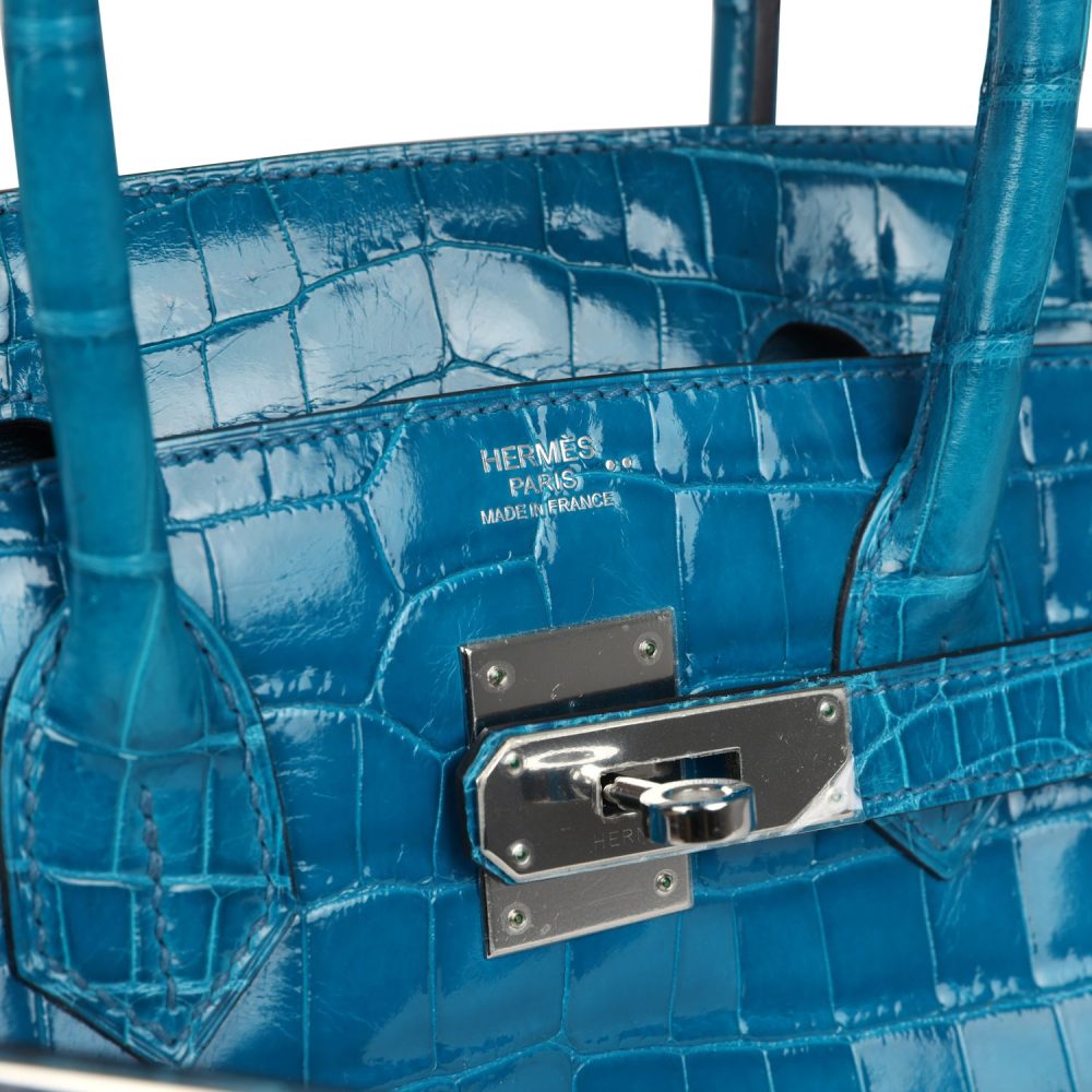 Pre-owned Hermes Birkin 30 Bleu Izmir Shiny Niloticus Crocodile Palladium Hardware - Image 7
