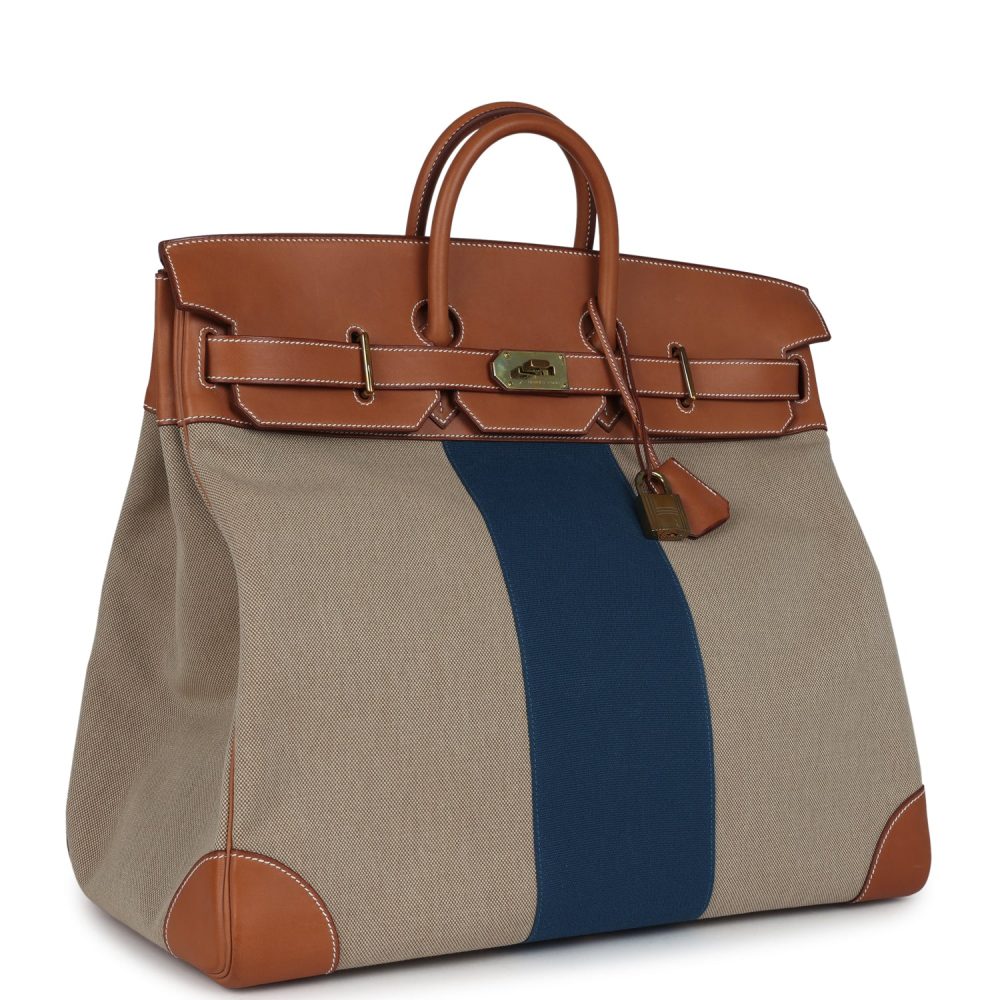 Pre-owned Hermes Birkin HAC 50 Flag Ficelle Toile H, Fauve Barenia and Bleu Toile H Canvas Gold Hardware - Image 2