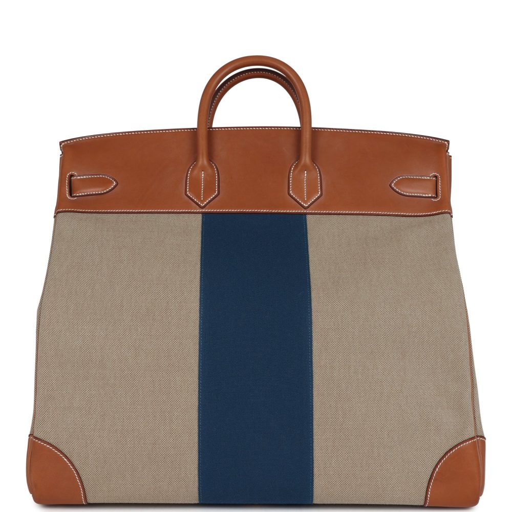Pre-owned Hermes Birkin HAC 50 Flag Ficelle Toile H, Fauve Barenia and Bleu Toile H Canvas Gold Hardware - Image 4