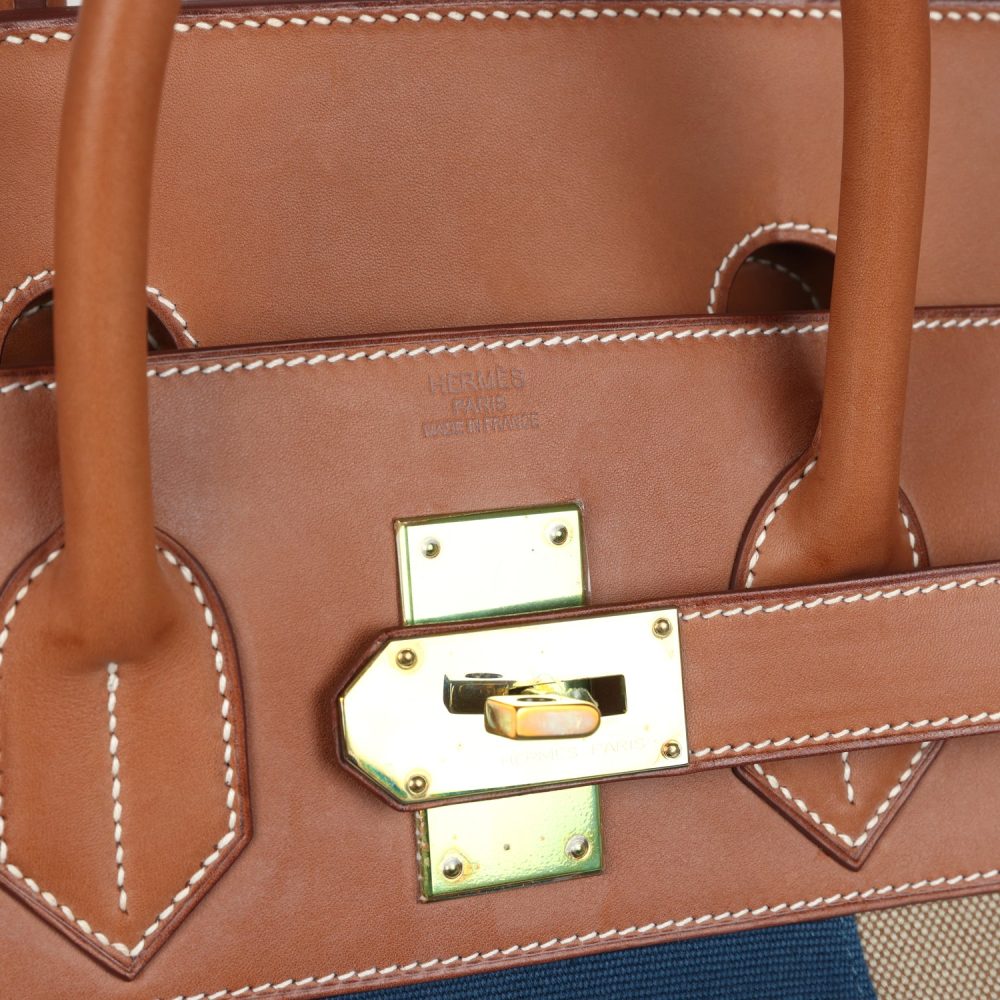 Pre-owned Hermes Birkin HAC 50 Flag Ficelle Toile H, Fauve Barenia and Bleu Toile H Canvas Gold Hardware - Image 7