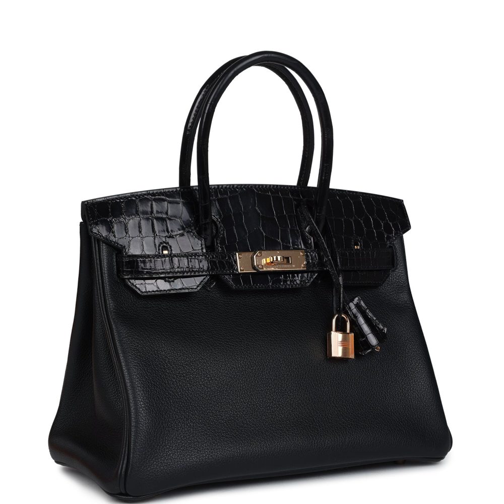 Pre-owned Hermes Birkin 30 Black Shiny Niloticus Crocodile and Novillo Touch Rose Gold Hardware - Image 2