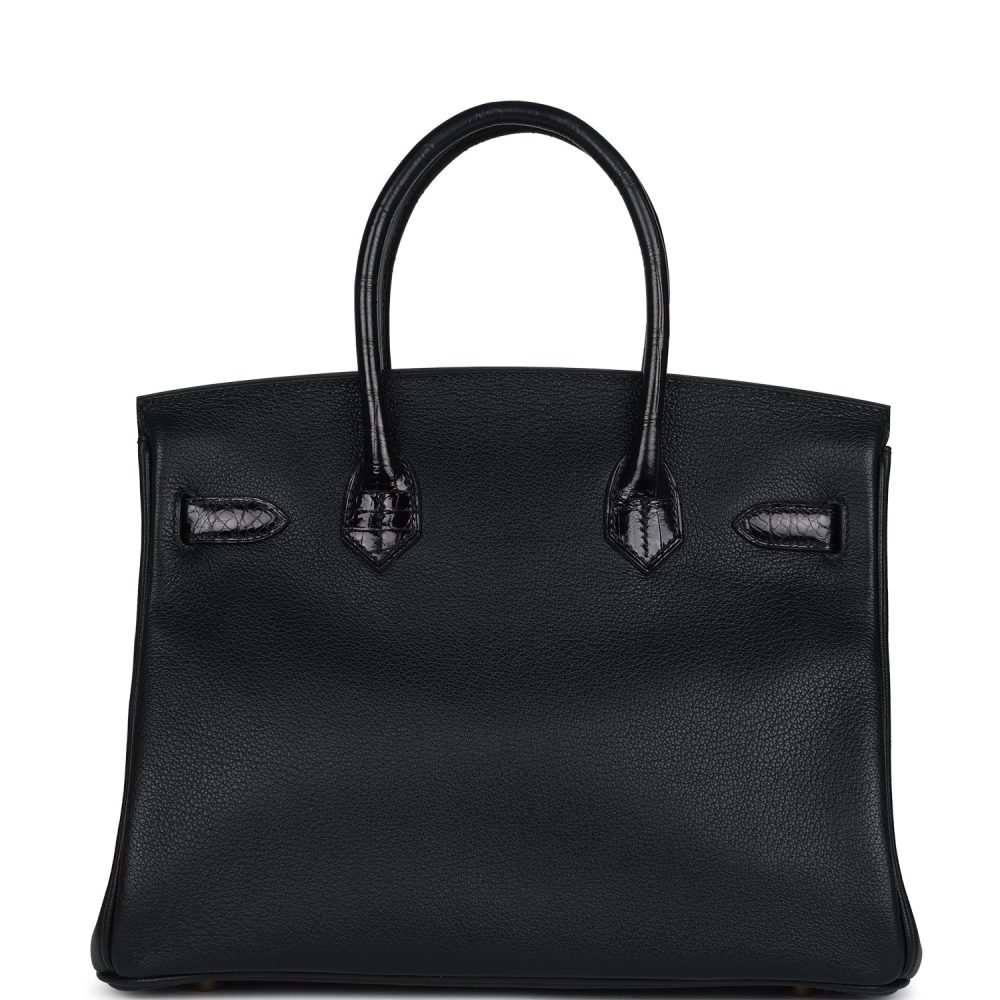 Pre-owned Hermes Birkin 30 Black Shiny Niloticus Crocodile and Novillo Touch Rose Gold Hardware - Image 4
