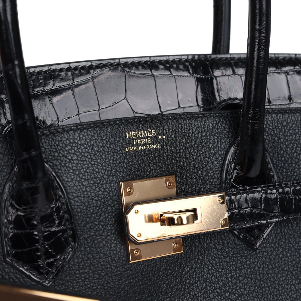 Pre-owned Hermes Birkin 30 Black Shiny Niloticus Crocodile and Novillo Touch Rose Gold Hardware - Image 7