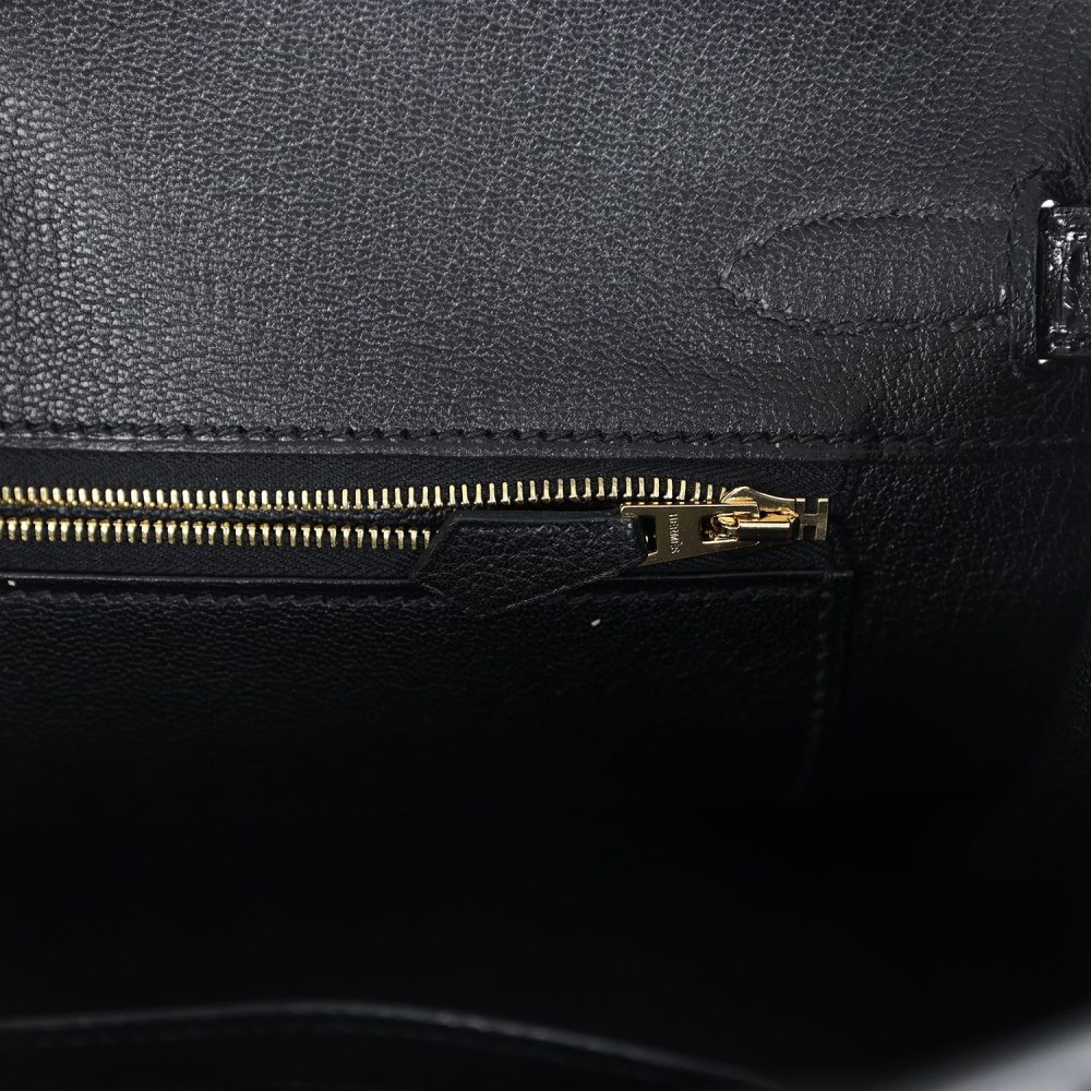 Pre-owned Hermes Birkin 30 Black Shiny Niloticus Crocodile and Novillo Touch Rose Gold Hardware - Image 9